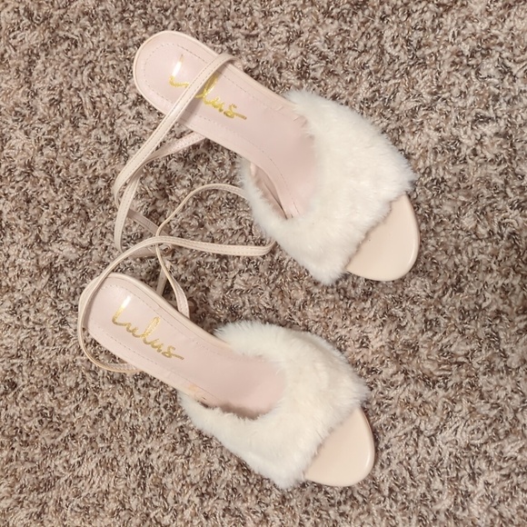 Lulu's Reluca ivory faux fur ankle strap high heel sandals - Picture 5 of 12